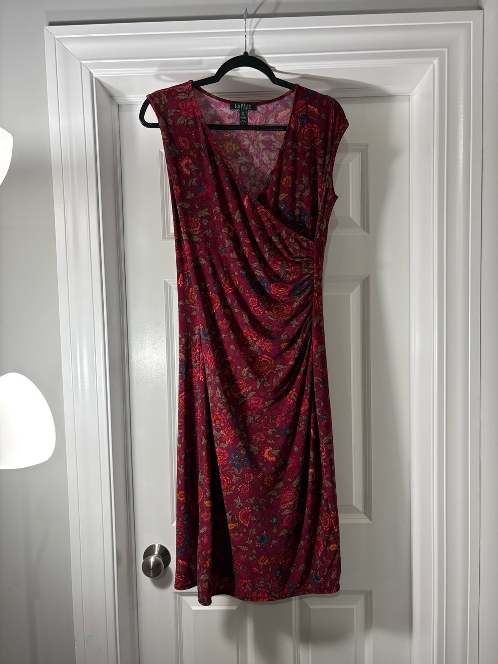 Lauren Burgundy Floral Wrap-Style Sleeveless Dress